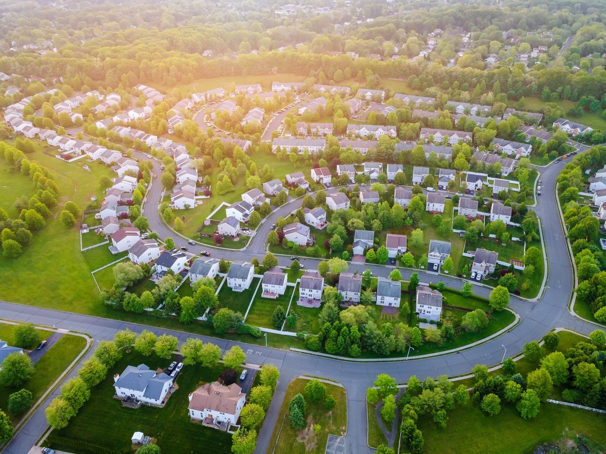 Aerial view of residential rooftops