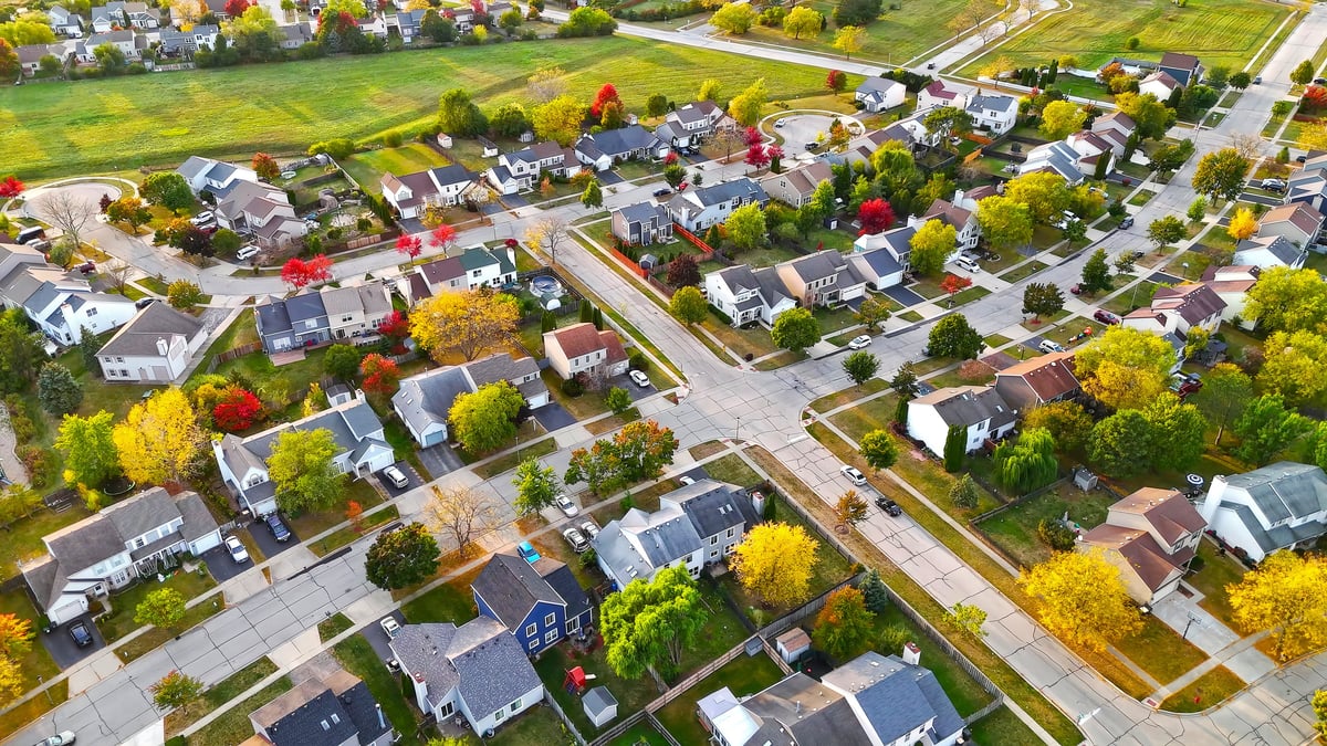 Aerial view of a suburban neighborhood
