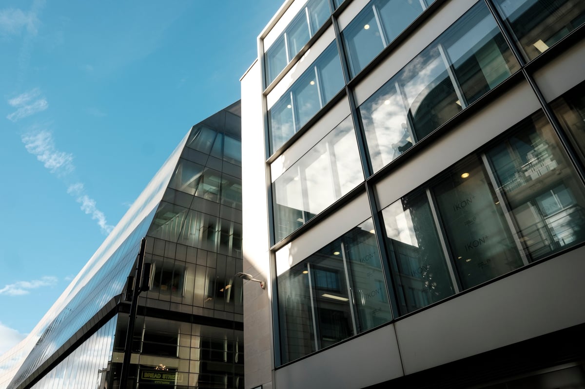 Contemporary commercial buildings with glass facades