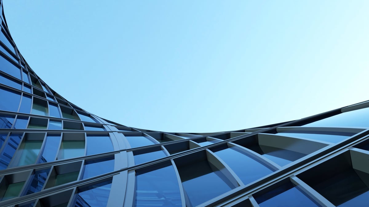 Corporate office building with curved glass window