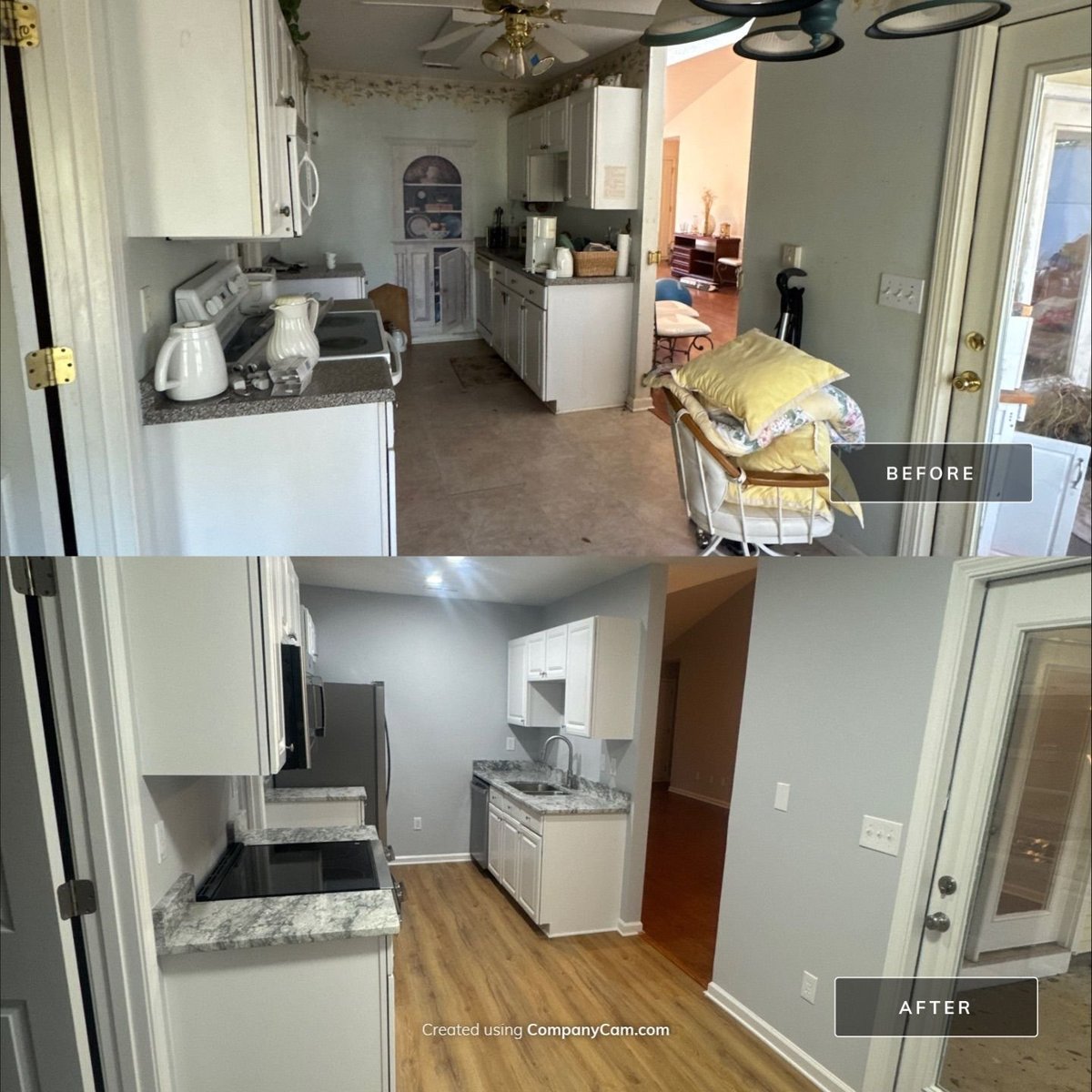 Full gut remodel of a long galley kitchen — new soft-close cabinetry, granite counters, stainless appliances, and luxury vinyl plank flooring throughout.