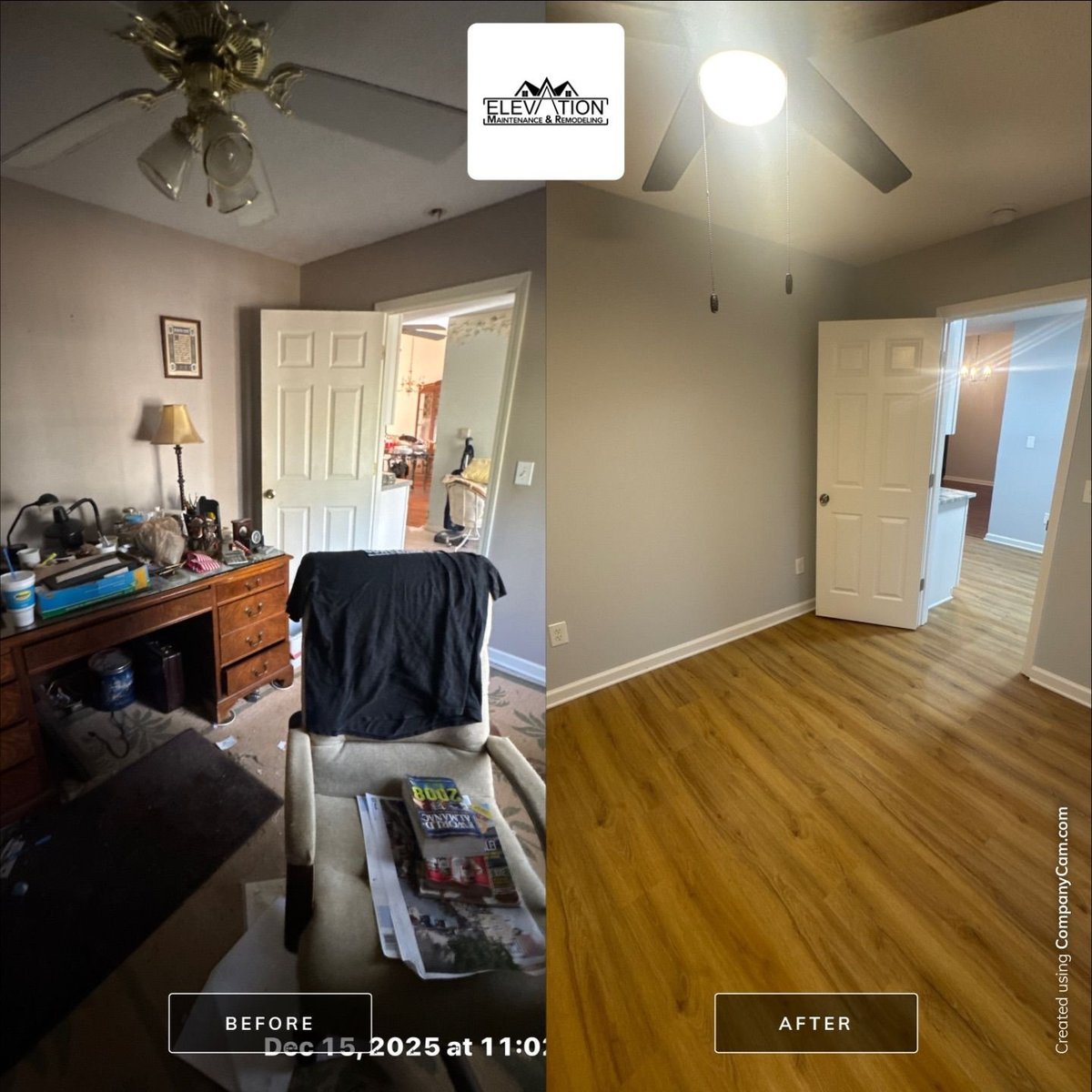 Removed worn carpet and dated ceiling fan — installed warm wood-look luxury vinyl plank and a modern ceiling fan for a clean, refreshed bedroom.