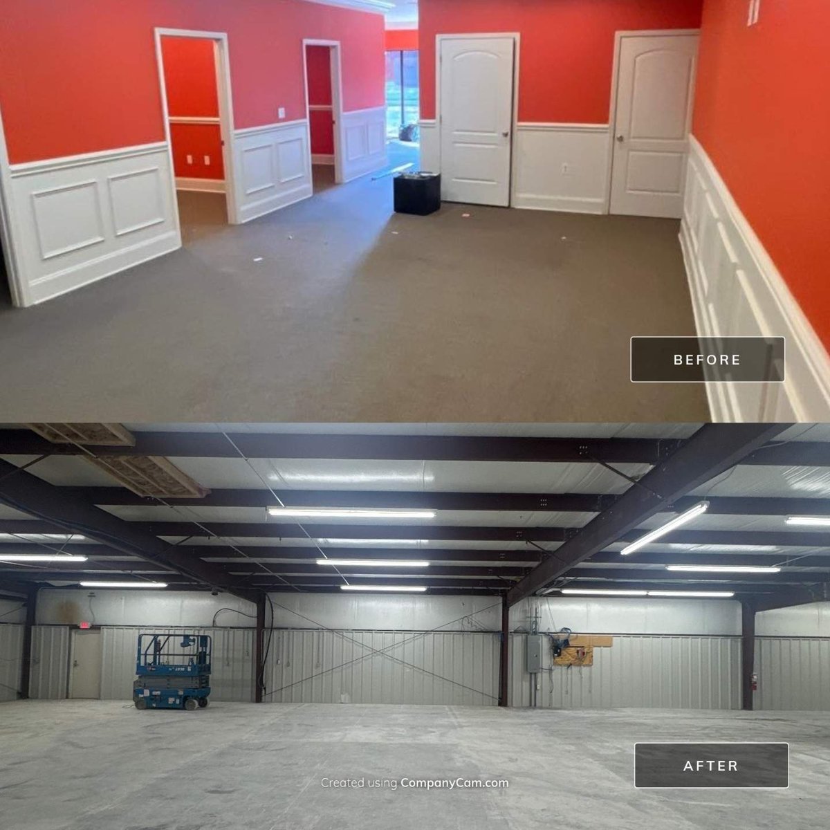 Industrial warehouse interior after renovation showing open floor plan with new lighting