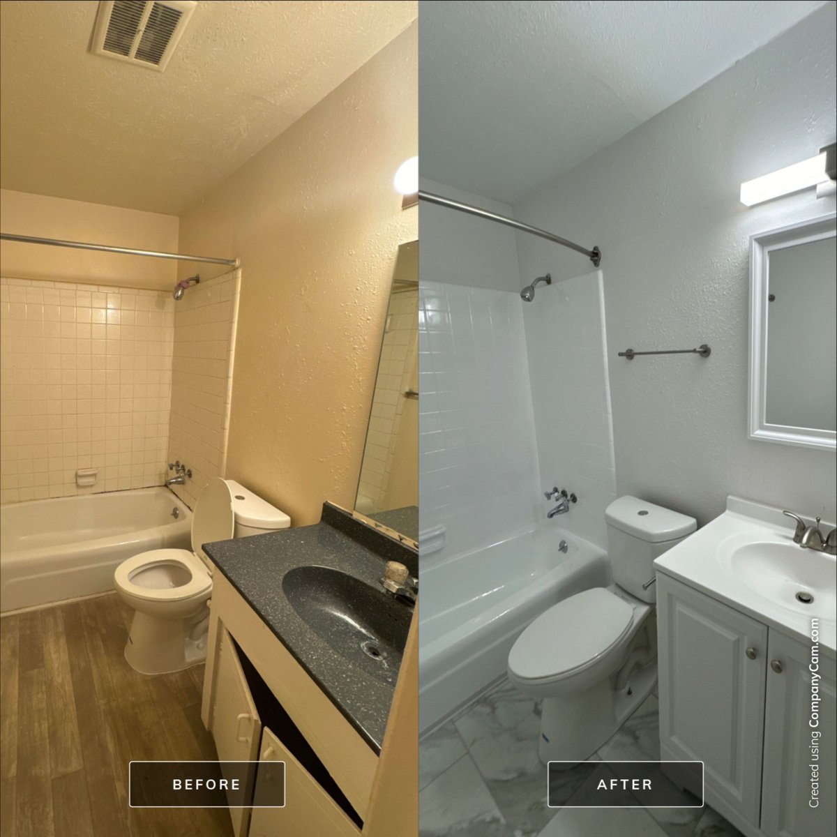 Outdated beige tile and vanity replaced with a clean white tub surround, fresh fixtures, framed mirror, and a brighter, more spacious feel.