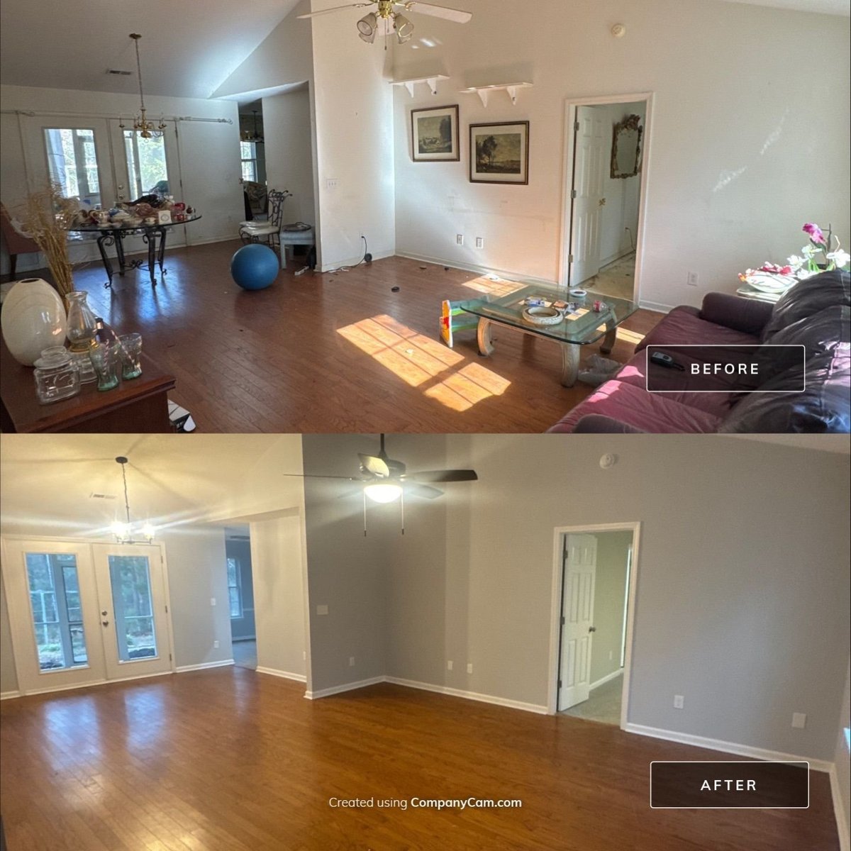Full clear-out of a furnished living and dining space, deep clean, and complete repaint — restored to a bright, open, move-in ready condition.